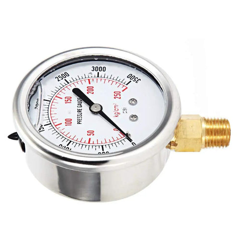Built Tough Stainless Steel Hydraulic Liquid Filled Fuel Pressure Gauge Featuring Silver Dial And Precise Measurements From Zero To Three Thousand Five Hundred Psi For Badass Engine Mods And Top Shelf Automotive Performance Upgrades