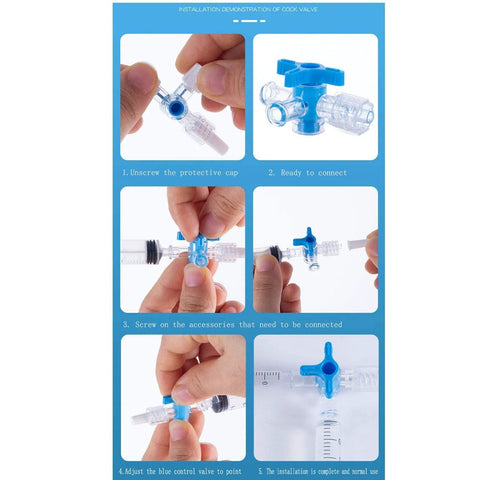 MEETOOT 6pcs disposable medical 3-way stopcock valves with Luer connectors, blue handle, clear plastic