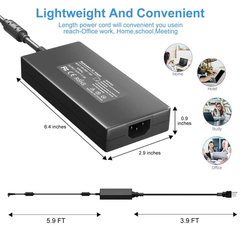 Dimensions and features of 180W Laptop Charger For Gaming Laptops From MSI GF63 GF65 Stealth GS65 GS63 15M Sword 15