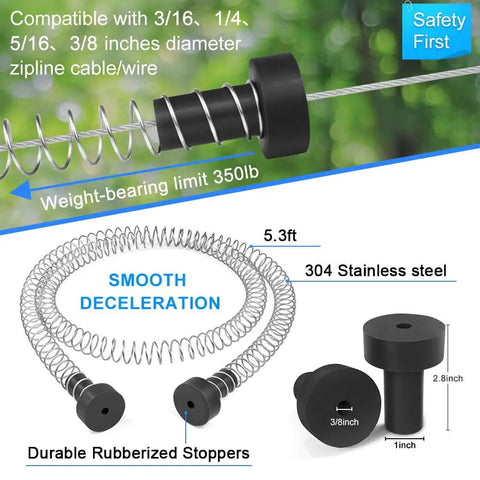 Backyard Zip Line Kit For Kids And Adults 65 Feet With 60mm Swing Seat Steel Trolley With Brake Adjustable From 3.6 To 7.5 Feet stainless steel spring tensioner and rubber stoppers.