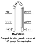 Diagram of 10.5 gauge fencing staples showing sizes: 7/8 inch, 1-1/4 inch, 1-9/16 inch for Pneumatic Fencing Stapler For 10.5 Gauge Staples 1 9 16 Inch Beast Of A Tool With Adjustable Belt Hook And Case Compatible With Seven Eighths To One Nine Sixteenth Inch Staples For Mesh And Woven Fencing For Vineyard Trellising And Livestock Fencing.