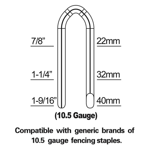 Diagram of 10.5 gauge fencing staples showing sizes: 7/8 inch, 1-1/4 inch, 1-9/16 inch for Pneumatic Fencing Stapler For 10.5 Gauge Staples 1 9 16 Inch Beast Of A Tool With Adjustable Belt Hook And Case Compatible With Seven Eighths To One Nine Sixteenth Inch Staples For Mesh And Woven Fencing For Vineyard Trellising And Livestock Fencing.