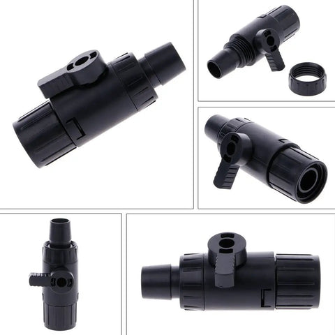 Awesome 16mm By 22mm Push To Connect Water Pipe Kit With Control Valve For Aquarium Filters And Hose Tubing That Makes Plumbing Super Easy And Fast., black plastic aquarium control valve kit for 16mm hose tubing, shown in multiple angles