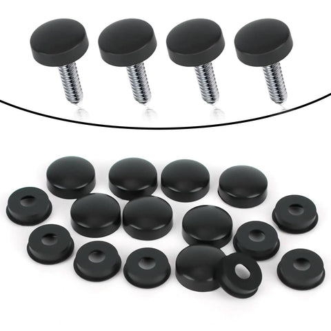 8 Pack Car License Plate Screw Caps And Bolt Covers Set, Black Plastic Head Covers shown laid out in rows with screws visible