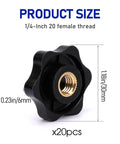 MOZEAT six-star 1/4-20 female-threaded clamping knob, black, 20-pack