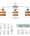 Diagram of Contemporary 3 Light Vanity Wall Sconce With Wood Lampshade In Matte White And Brushed Nickel Accent, dimensions shown