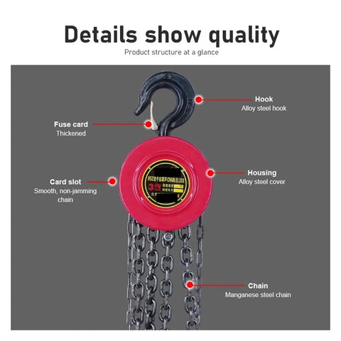 Heavy Duty 2T Manual Chain Hoist With 3 Meter Lifting Rope For Industrial Steel Lifting Jobs Portable Round Crane Gear with hook and chain details
