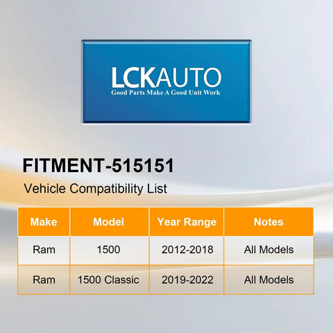 Vehicle compatibility chart for Go To Front Wheel Hub And Bearing Assembly For 2012 To 2018 Ram 1500 And 2019 To 2022 Ram 1500 Classic With 5 Lug And ABS Heavy Duty Replacement That Fits Tight And Delivers Smooth Quiet Operation.