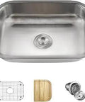 Single Bowl Stainless Steel Kitchen Sink With 18-Gauge 304-Grade Steel, accessories include grid, wood insert, and drain basket.