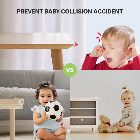 Image comparing child safety with Thirty Piece Clear Baby Corner Protectors Big Time Tough Soft Pvc Edge Guards L Shaped And Rounded Childproof Furniture Cushions For Kid Safe Living Spaces.