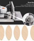 Wood Joining Biscuits Set, 100 Pack in 0, 10, and 20 Sizes with furniture craft details and tool close-up