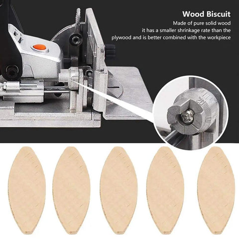 Wood Joining Biscuits Set, 100 Pack in 0, 10, and 20 Sizes with furniture craft details and tool close-up