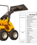 Thunder VI 23.5HP EPA Gas Engine Wheel Loader with specifications, showing side view with bucket and ROPS design