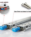 Two Pack Three Fold Drawer Slides With Full Extension Ball Bearing Glides showing lock switch and 5mm screws