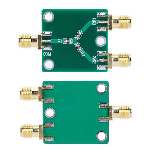 Badass Two Way RF Power Splitter With Rock Solid SMA Connectors And Reliable Resistance Power Divider For Industrial Builds Guaranteeing Sweet Signal Distribution From DC To Five GHz Straight Up. Green PCB with gold SMA connectors.