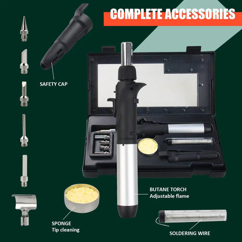 Complete accessories for Butane Soldering Iron Kit With Self Ignition, Adjustable Flame Up To 2372 F, cordless heat gun and tips