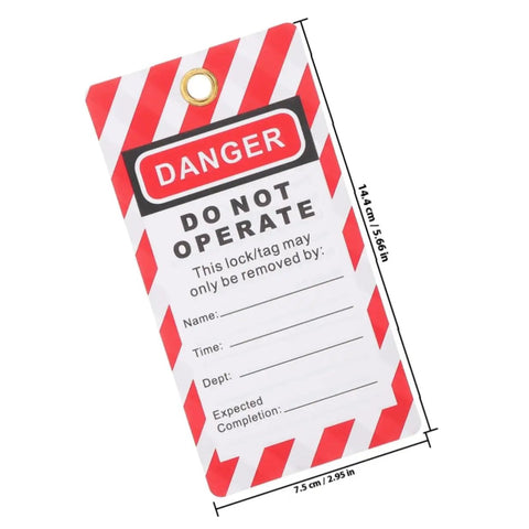 Six Pack Industrial Safety Lockout Tags Do Not Operate Hanging Labels with red stripes, PVC material, dimensions shown