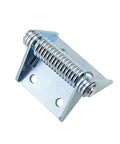 Industrial heavy-duty tension spring hinge on a zinc-plated steel mounting plate.