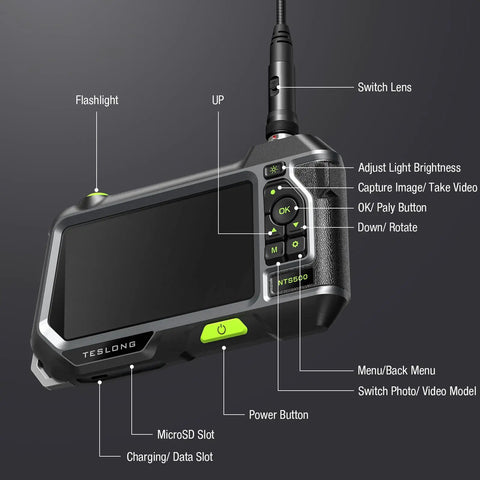 Dual Lens Endoscope With 5 Inch Monitor And Front And Side View Borescope Camera Waterproof 9.8 Ft Probe 5 Inch IPS LCD Screen And Case The Go To Tool For Auto Maintenance Home Inspections Electrical Work And DIY, labeled control view