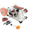 Slick Little Beast Seven Speed Mini Belt Sander With Twenty Polishing Discs and Variable Knife Sharpener for Razor Edges, compact design.