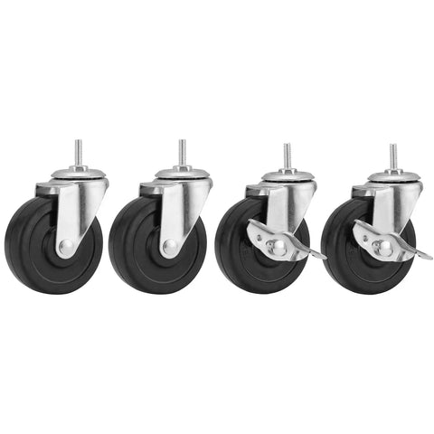 Heavy Duty 3 Inch Stem Caster Wheels For Wire Shelving, Industrial Rack Rollers With 1/4 20 Thread And Multi Adapters, Smooth Operator Replacement Set Of 4, Drop Dead Durable Black viewed from the side with silver mounts and black wheels.