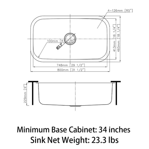 Technical diagram of Undermount Single Bowl Kitchen Sink, 31 Inch By 18 Inch By 9 Inch, 18 Gauge 304 Stainless Steel With Satin Finish