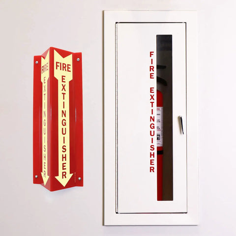 Fire Extinguisher Sign Two-Sided V-Shaped Projecting Wall Sign With Down Arrow 18x4 Inches 120 Mil Glow-In-The-Dark Acrylic