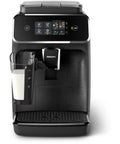 Fully Automatic Espresso Machine With LatteGo Milk Frother Delivers Barista Grade Cappuccino At The Push Of A Button Featuring Ceramic Grinder And AquaClean Filter Easy Peasy For A Total Game Changer In Black with touch panel and milk container.