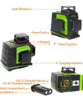 Diagram of 3D Self Leveling Laser Level With Three 360 Degree Laser Planes showing features like laser window, keypad, and battery compartment.