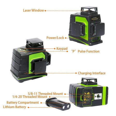 Diagram of 3D Self Leveling Laser Level With Three 360 Degree Laser Planes showing features like laser window, keypad, and battery compartment.