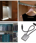 Smart Auto On Off Cabinet Light Sensor Switch For 12V 24V DC LED Lights IR Switch installed in various cabinets and close-up view