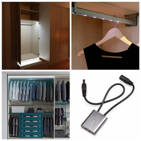 Smart Auto On Off Cabinet Light Sensor Switch For 12V 24V DC LED Lights IR Switch installed in various cabinets and close-up view