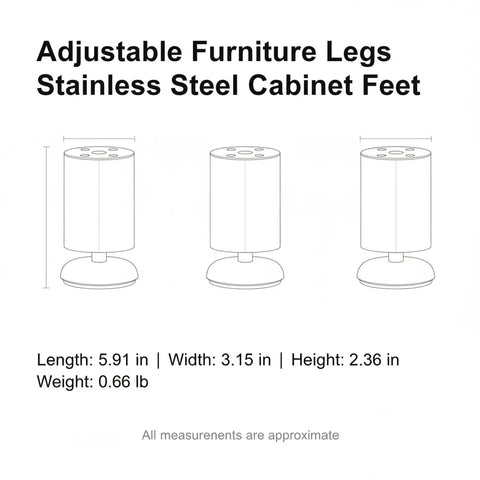 Adjustable Stainless Steel Furniture Legs For Leveling Cabinets And Vanities On Uneven Floors diagram with dimensions shown