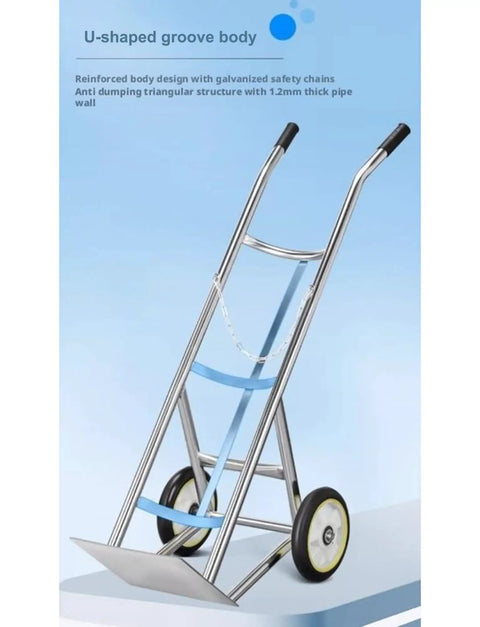 Heavy Duty Two Wheel Gas Cylinder Hand Truck And Oxygen Tank Rolling Cart with U-shaped groove body and galvanized safety chains.