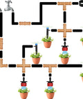 12 Pack 1/2 Inch Drip Irrigation Cross Connectors Four Way Tee Barbed Hose Fittings in garden setup with potted plants