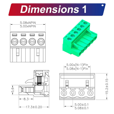 Two Sets 5.08mm Phoenix Screw Terminal Connector Set For PCB No Soldering Required Green PCB Board Dimensions