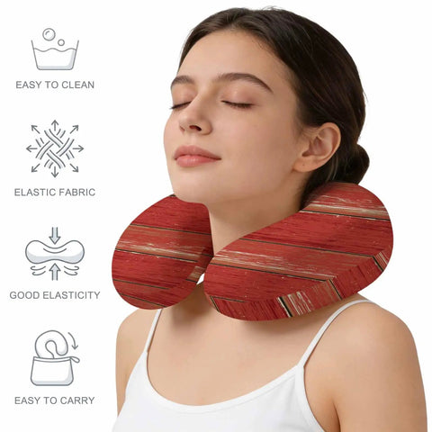 Woman using U Shape Memory Foam Travel Pillow With Red Wood Grain Finish For Airplane Rides Car Trips Office Or Home Ergonomic Neck Support Portable Comfy Rest For A Restful Sleep Anywhere