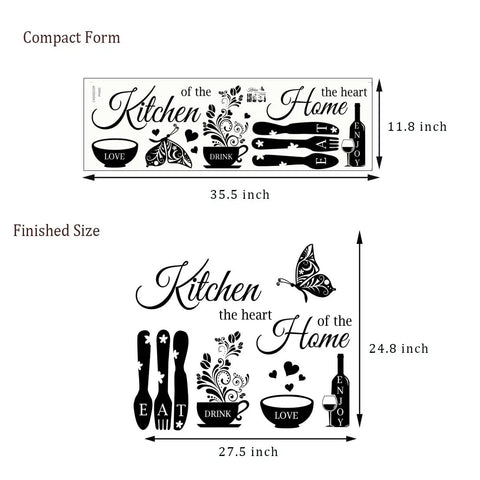 Eat Drink Love Vinyl Wall Decals Set With Heart Of The Home Quote for dining rooms, 27.5x24.8in, black kitchen decor.