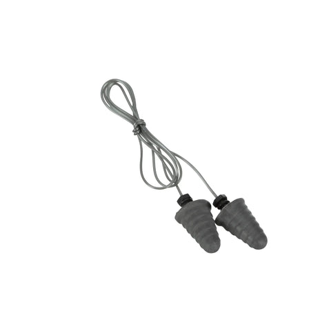 Skull Screws Earplugs P1301 Corded shown with gray spiral design and cord for work sites noise reduction, 32 dB NRR, CSA Class AL.