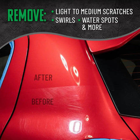 Car paint before and after using Insynchro Scratch And Swirl Remover One Step Compound And Polish For Paint Correction