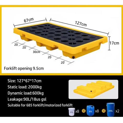 Heavy Duty Modular Spill Deck Built Like A Tank For Drums And Storage Containers Solid Polyethylene Base with vented mesh surface and forklift opening.