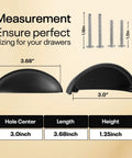 Sleek 3 Inch Cup Drawer Pulls Matte Black 10 Pack Half Moon Cabinet Handles with measurements for perfect sizing.