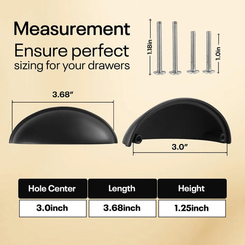 Sleek 3 Inch Cup Drawer Pulls Matte Black 10 Pack Half Moon Cabinet Handles with measurements for perfect sizing.