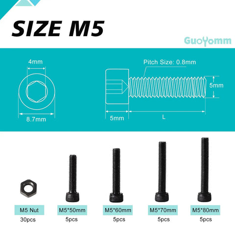 Heavy Duty M5 Hex Socket Cap Screws Bolts Nuts Kit 50 Pcs Set 50mm 60mm 70mm 80mm Fully Threaded 12.9 Grade Alloy Steel Black Oxide