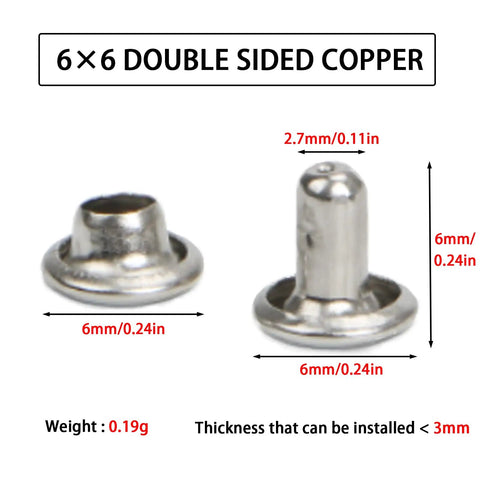 Professional Silver Stainless Steel Double Cap Rivets For Leather Wallets Bags 320 Pack shown in 6mm size with dimensions for crafting.