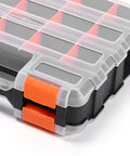 Heavy Duty Parts Storage Box With Removable Grid Compartments For Easy Tool Organization, Pro Grade PP Case, Double-Sided 32x27x8, corner view.