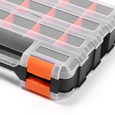 Heavy Duty Parts Storage Box With Removable Grid Compartments For Easy Tool Organization, Pro Grade PP Case, Double-Sided 32x27x8, corner view.