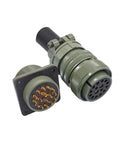Side view of olive-drab MIL-C-5015 circular connector pair with screw-on coupling, plug and receptacle