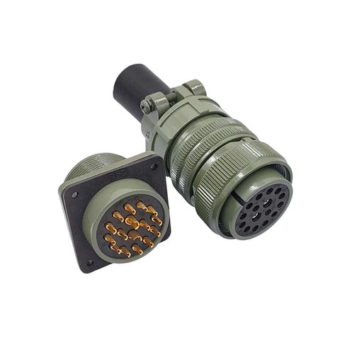 Side view of olive-drab MIL-C-5015 circular connector pair with screw-on coupling, plug and receptacle