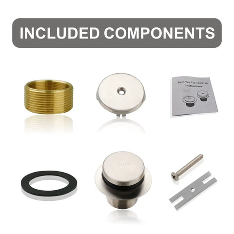 Components of Brushed Nickel Tub Drain Conversion Kit With 1 Hole Overflow Faceplate And Adapter, Easy Install No Fuss Tip Toe Style Tub Drain Trim Set, Coarse Thread Replacement, Solid Brass And Stainless Steel Build, Universal Fit